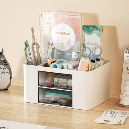 White Desk Pen Organizer with Compartments and Drawers
