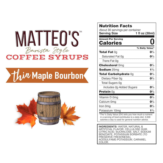 Maple Bourbon Sugar-Free Coffee Syrup, Non-Alcoholic, 33.8 oz