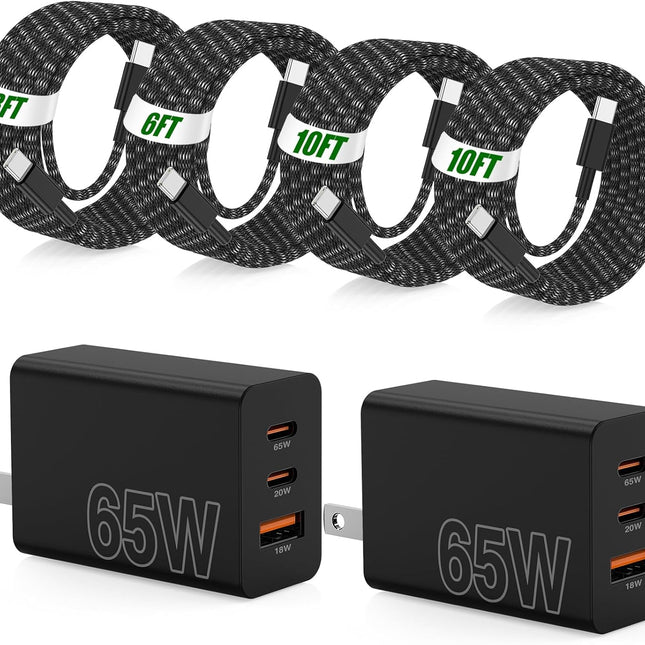 65W Super Fast Charger Type C, 3 Port 100W PD Quick Charging 3.0 USB C Block & 3/6/10/10FT Braided Type C Cord