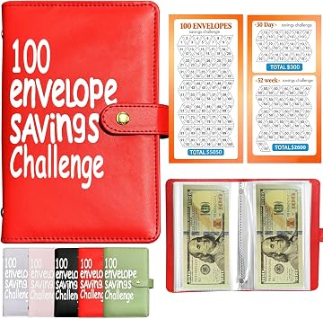100 Envelopes Money Saving Challenge Binder, Red