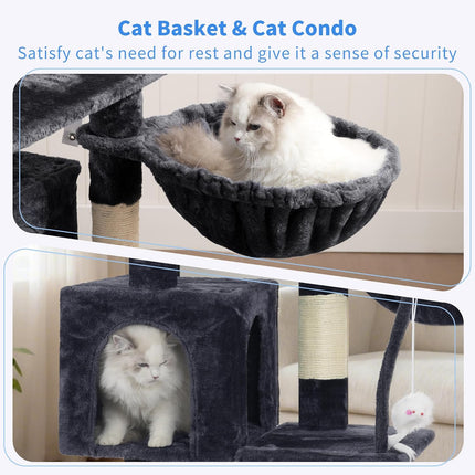 Smoky Gray Indoor Cat Tree with Toy, Plush Perch, Hammock and Sisal Scratching Posts