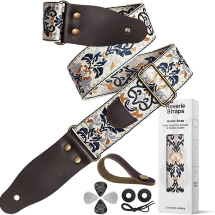 SourceToHome FuenteACasa Jacquard Embroidered Guitar Strap, Genuine Cowhide Leather Ends — Home & Lifestyle