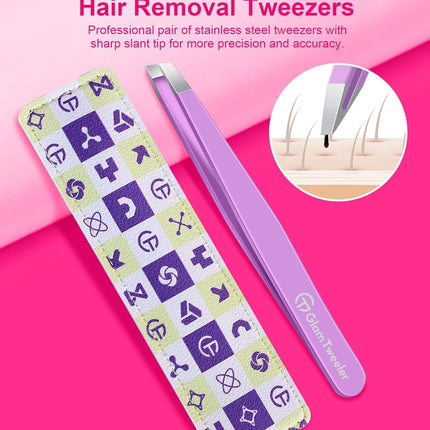 Expert Slant Tip Tweezers with Leather Case, Violet