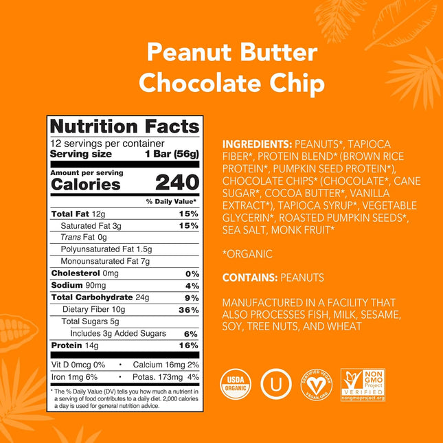 Organic Plant Based Protein Bars, Peanut Butter Chocolate Chip, Pack of 12