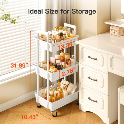 3-Tier White Plastic Rolling Utility Cart with Lockable Wheels
