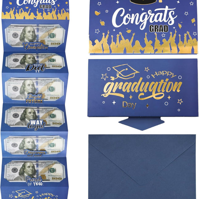 2026 Graduation Money Holder with 6 Cash Slots, Blue Grad Cash Envelope Gift Holder