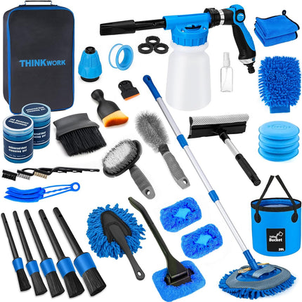 Car Wash Kit with Foam Gun, Brush Mop and Folding Bucket