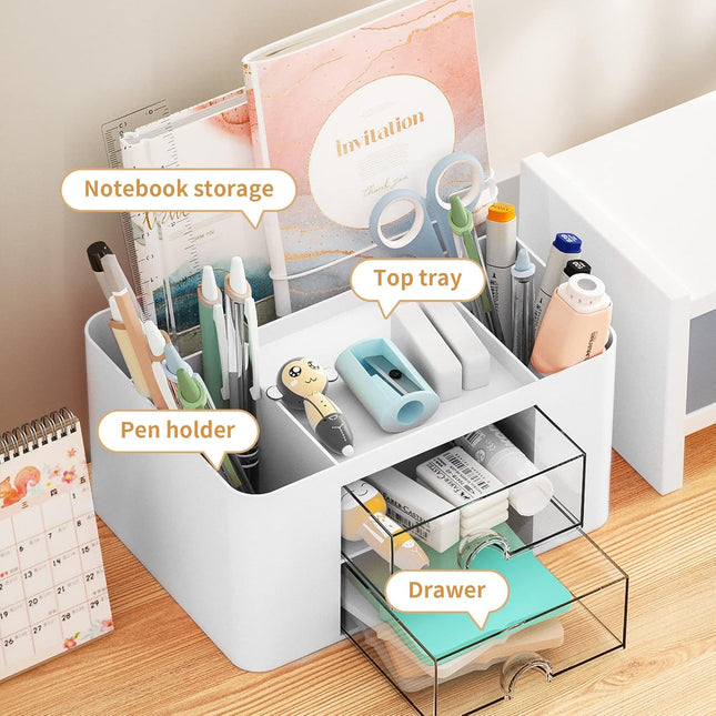 White Desk Pen Organizer with Compartments and Drawers