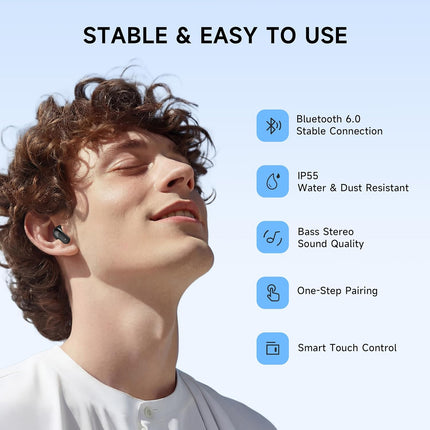 Wireless Bluetooth 6.0 Earbuds with 35H Playtime, Ultra-Light Fit, Bass Drivers, Clear Call Mic, Water & Dust Resistant, Blue
