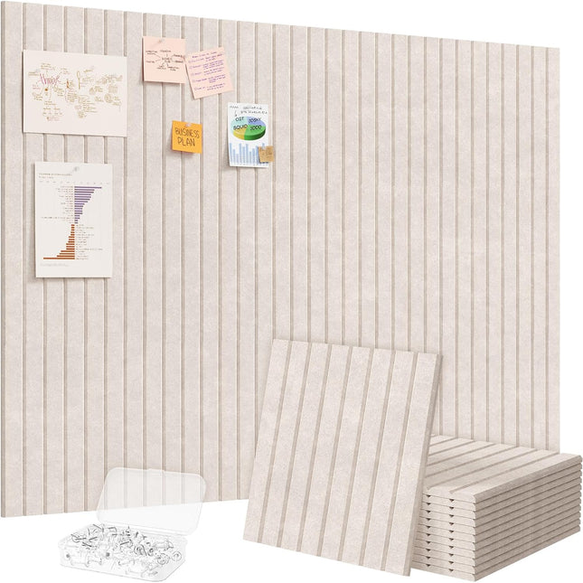 Felt Slatted Bulletin Board 12-Pack, Self-Adhesive Oatmeal Panels with 30 Pushpins