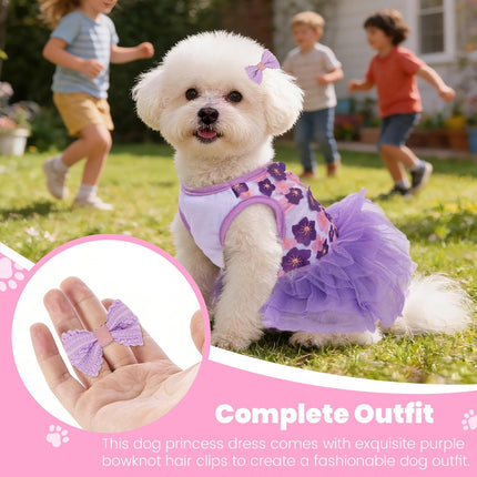 Purple Floral XXX-Small Pet Princess Dress with Bow Clip