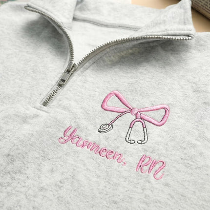 Custom Name Nurse Embroidered Quarter-Zip Sweatshirt with Title - Style 1