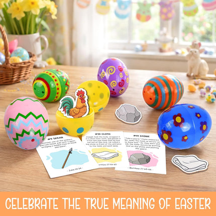 12-Piece Resurrection Easter Story Eggs Set with Wooden Symbols and Story Cards