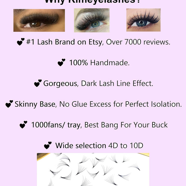 1000 Premade Wispy Volume Lash Fans, Mixed Lengths 9-12mm, 5D, 0.07mm, D Curl