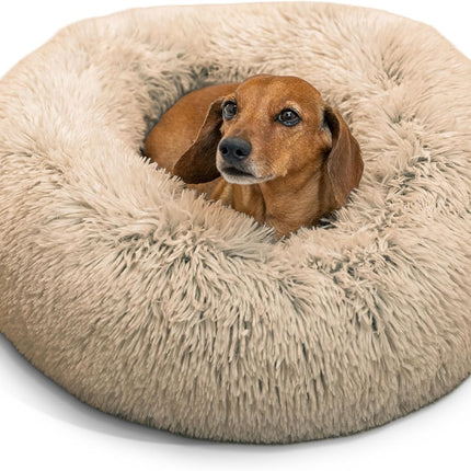Calming Donut Dog Bed for Small Dogs up to 25 lb, Taupe Shag Faux Fur, 23 x 23 in
