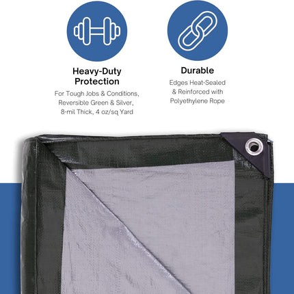 12 x 14 Ft Heavy-Duty Waterproof Tarp, 8-mil, Reversible Green-Silver