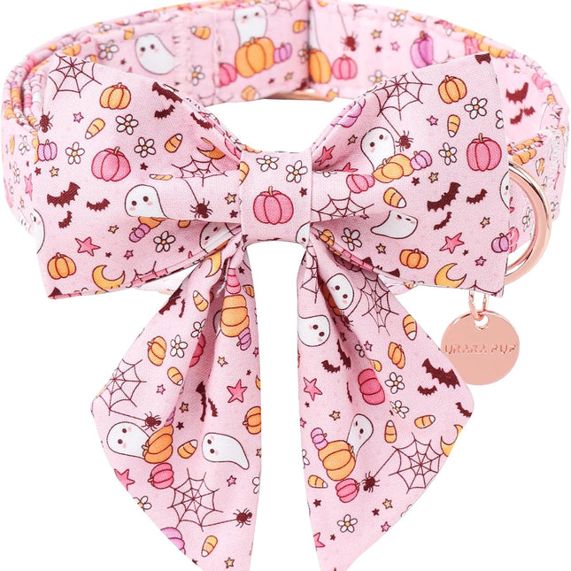 Pink Halloween Dog Collar with Flower, Adjustable Metal Buckle, M