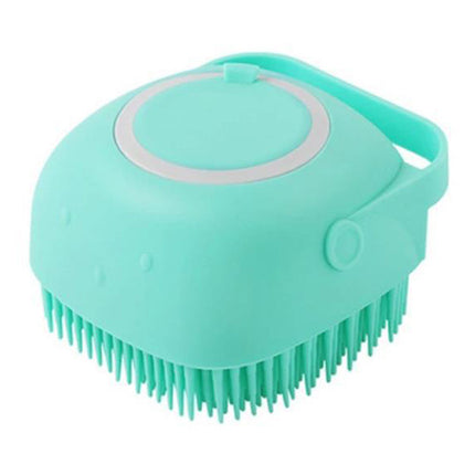 Pet Bath Brush with Shampoo Dispenser showing liquid capacity and fill opening