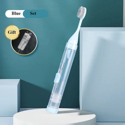 Portable 3 in 1 toothbrush lifestyle shot ideal for travel camping and on-the-go use