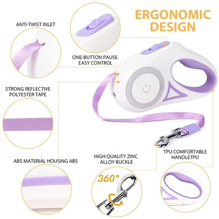 Retractable luminous dog leash size comparison showing compact housing and cord reach