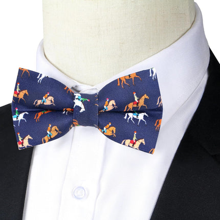 Cute Horse Race Pattern Pre-Tied Adjustable Bow Tie in Brown, White and Navy