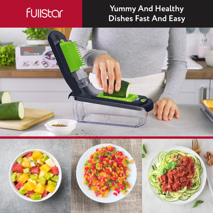 Fullstar 2-in-1 Vegetable Chopper in use chopping fresh vegetables into uniform pieces