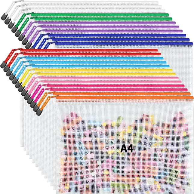 A4 Letter Size 24-Pack Zipper Mesh Document Pouches in 10 Colors