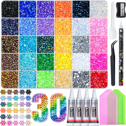 40000 Pcs Resin Jelly Rhinestones Kit, 30 Colors 3mm Flatback Rhinestones with Glue and Tools