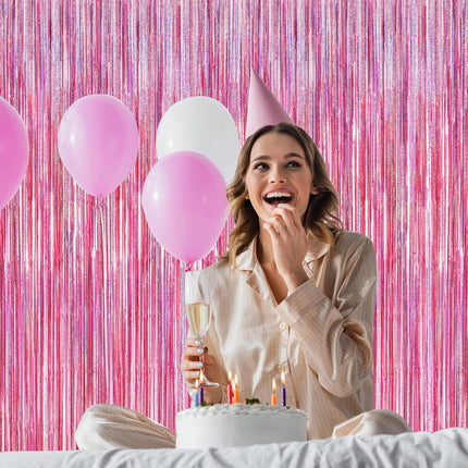 2 Pack Glitter Pink Foil Fringe Backdrop Curtains