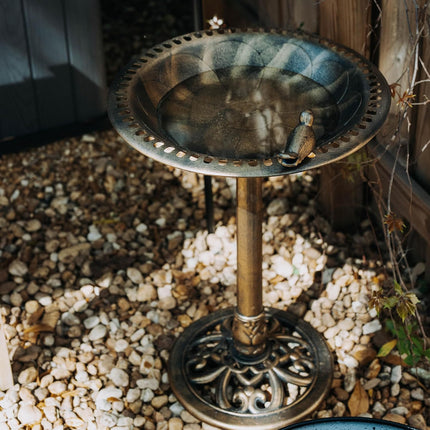 Outdoor Garden Bird Bath with Bird - Bronze Polyresin, 30 Inch
