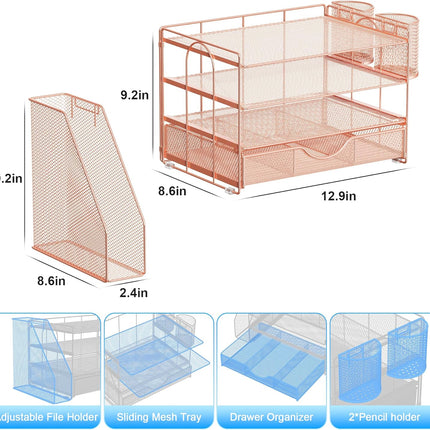 Rose Gold 4-Tier Desk Organizer with File Holder, Drawer and 2 Pen Holders