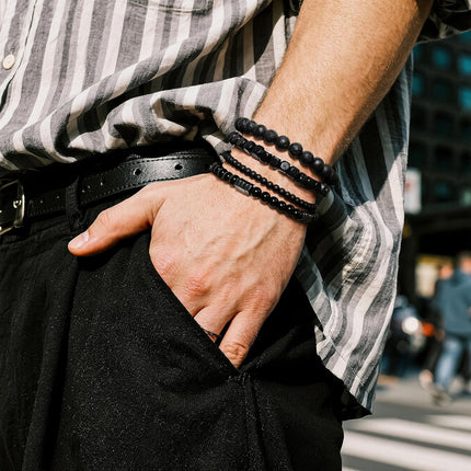 Multi-Layer Black Beaded Bracelet Set for Men with Natural Stone