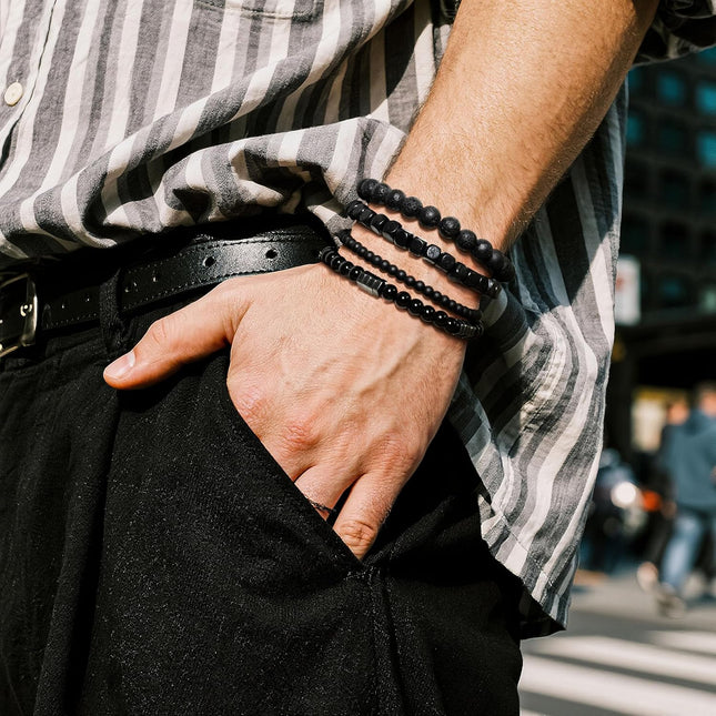 Multi-Layer Black Beaded Bracelet Set for Men with Natural Stone