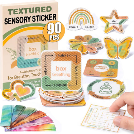 90 Pcs Calm Stickers for Anxiety, 2 Textured Fidget Strips, Mindfulness Box Breathing Stickers