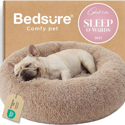 Calming Donut Pet Bed, Medium 30-Inch Round Plush Faux Fur, Camel