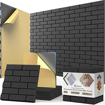 12-Pack Self-Adhesive 3D Brick Acoustic Wall Panels, 12 in. x 12 in., Black
