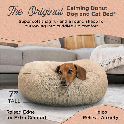 Calming Donut Dog Bed for Small Dogs up to 25 lb, Taupe Shag Faux Fur, 23 x 23 in
