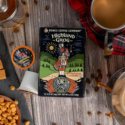 Highland Grog Butterscotch Caramel Flavored Coffee Pods, 12 Count