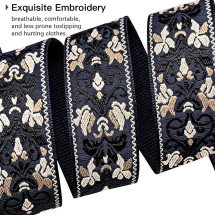 Vintage Embroidered Cotton Guitar Strap with Leather Ends, Dark Blue Jacquard