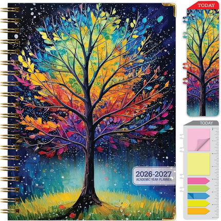Hardcover 2026-2027 Academic Year Planner, 14-Month Daily Weekly Monthly Agenda, 8.5 x 11, Black Tree Seasons