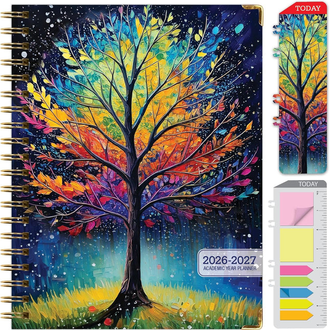 Hardcover 2026-2027 Academic Year Planner, 14-Month Daily Weekly Monthly Agenda, 8.5 x 11, Black Tree Seasons