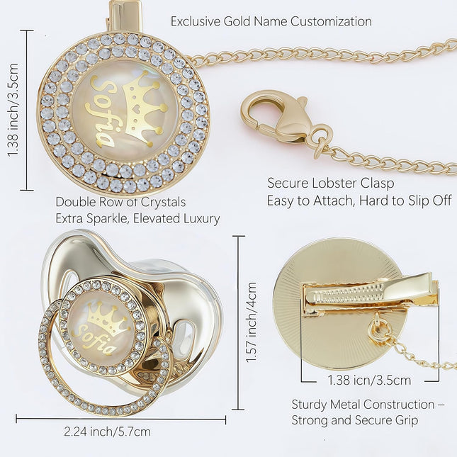 Gold Personalized Rhinestone Baby Pacifier and Clip Holder Kit