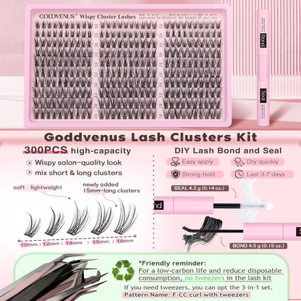 Wispy Lash Clusters Kit, 300-Piece C Curl DIY Extensions, 10-16mm