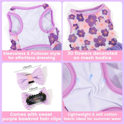 Purple Floral XXX-Small Pet Princess Dress with Bow Clip