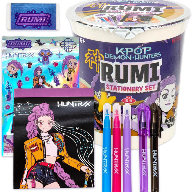 Kpop Demon Hunters Rumi Stationery Set with Mini Notebook, Pens, Markers, Eraser, Stickers and Storage