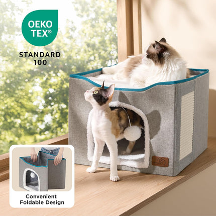 Large Grey Cat Cave with Scratch Pad and Hanging Ball