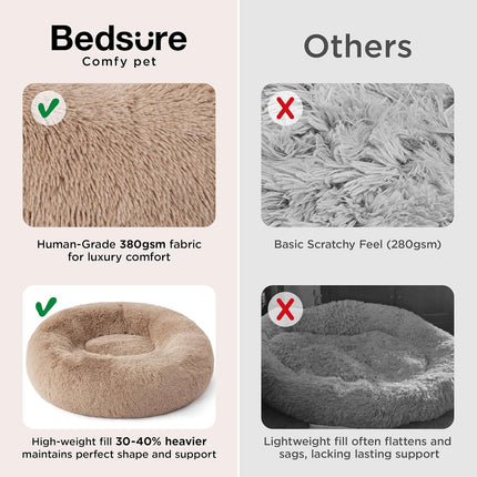 Calming Donut Pet Bed, Medium 30-Inch Round Plush Faux Fur, Camel