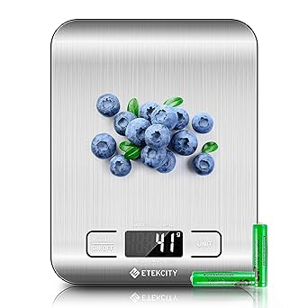Etekcity Digital Food Scale 11lb displaying weight in grams for keto meal prep