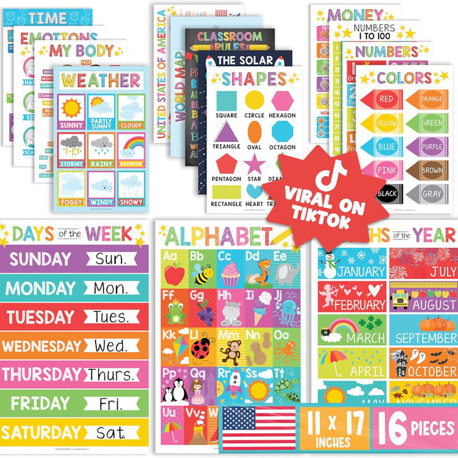 16 Laminated Educational Posters for Pre-K, Toddler Homeschool, Preschool, and Kindergarten Classroom Decor