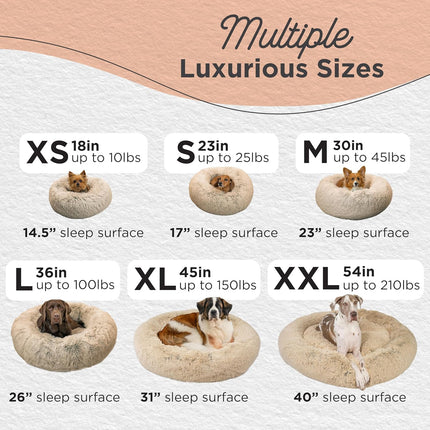 Calming Donut Dog Bed for Small Dogs up to 25 lb, Taupe Shag Faux Fur, 23 x 23 in